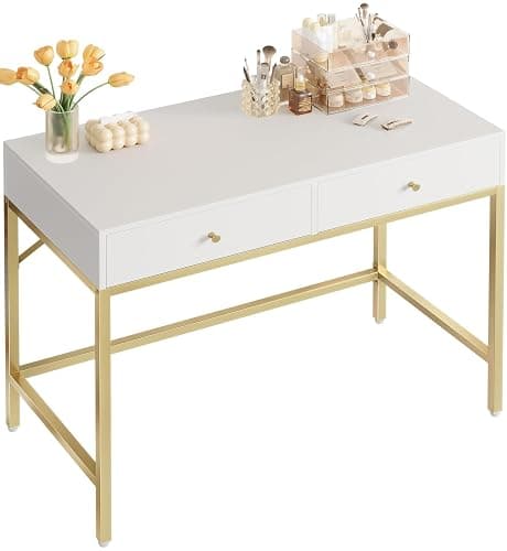 SUPERJARE 31.5" White and Gold Desk with 2 Drawers, Modern Vanity Desk, Small Makeup Table for Home Office Writing Study Bedroom - Image 1