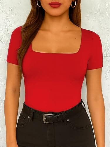 ForeFair Women's Square Neck Going Out Tops Double Lined Short Sleeve Basic Tight Tee Shirts thumbnail 2