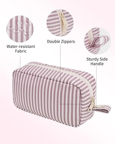 Narwey Cute Stripe Small Makeup Bag for Purse Make Up Bags Women with Comparments Travel Mini Cosmetic Bag Organizer Zipper Pouch for Teen Girls (Dusty Rose Stripe, Small) thumbnail 8