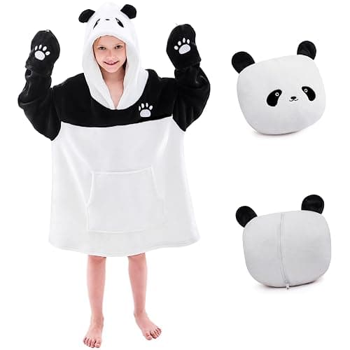 IFNOW Wearable Blanket Hoodie Kids, Oversized Fleece Blanket Sweatshirt Christmas Birthday Gifts for Boys, Girls, Teen Hoodie with Portable Foldable Blanket Pillow, Animal Embroidery 5-15 Years, Panda - Image 1