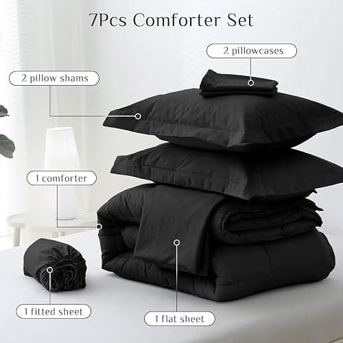JOLLYVOGUE Queen Comforter Set, Ultra-Soft Bed in a Bag Queen Size 7 Pieces, Oeko-TEX Certified Bedding Set with Down Alternative Comforter, Sheets, Pillowcases & Shams, Black thumbnail 6