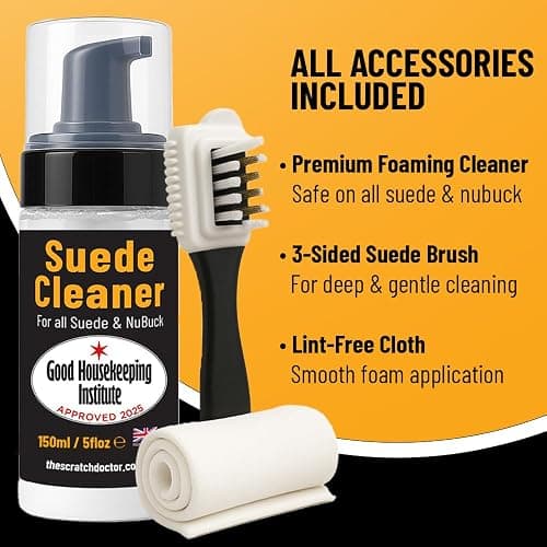 Suede & Nubuck Cleaner Foam 150ml for Shoes, Boots, Sandals, Trainers | Clean & Protect Dirt & Stains | Includes 3 Sided Suede Brush & Cleaning Cloth thumbnail 4