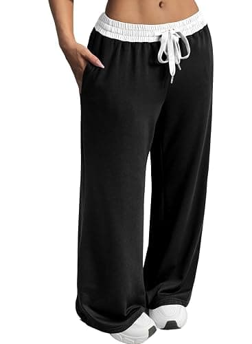 Herseas Women's Contrast Color Waistband Sweatpants Wide Leg Pants with Drawstring Buckle - Image 1