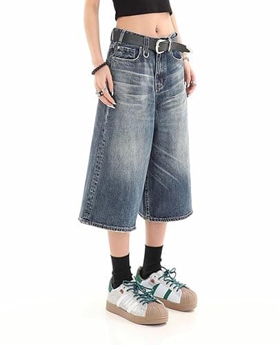 Lafaguw Cropped Jeans for Women Men High Waist Wide Leg Baggy Jorts Y2K Casual Denim Capris Pants Grunge Summer Clothes. thumbnail 4