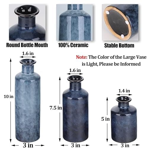 Blue Ceramic Vase Set - 3 Blue Small Vases, Farmhouse Country Flower Vase Home Decor, Living Room Decoration, Table Decoration, Fireplace Decor, and Entrance Decorations Centerpieces thumbnail 3