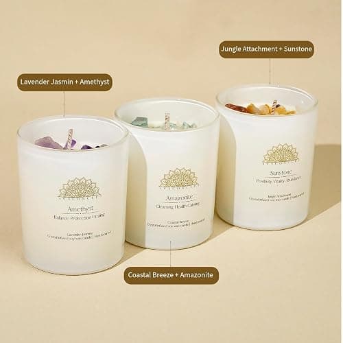Healing Crystal Candles Gift Set for Women, 3 Pack Aromatherapy Soy Candles with Real Amethyst Amazonite Sunstone, Lavender Jasmine Coastal Breeze Scented Candles, Meditation Chakra Energy - 3.5oz thumbnail 4