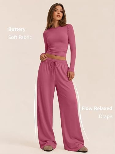 Trendy Queen Women's 2 Piece 2026 Fall Fashion Lounge Set with Pockets | Airport Outfit, Athleisure Workout Set, Fall Wardrobe Staple, Winter Style, Side-Ruched Top, Drawstring Wide-Leg Pants thumbnail 2