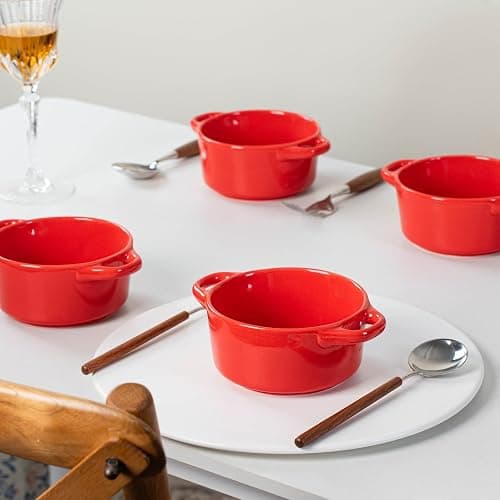Mini Dutch Oven Set of 4, 14 oz Ceramic Mini Dutch Ovens with Lids and Handles, Ramekins with Lids for French Onion Soup, Pot Pies, Soufflés and Baked Desserts, Oven Microwave Dishwasher Safe, Mini Cocotte，（Red） thumbnail 8