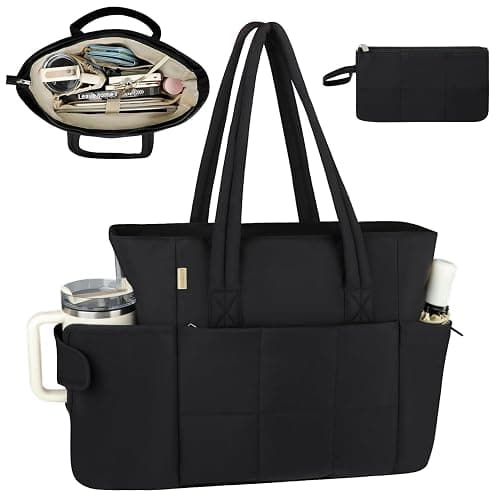 Sambois Puffer Tote Bag with Large Cup Holder& 15.6 Inch Laptop Compartment, Lightweight Puffy Work Bag with Water Bottle Pocket, Large Laptop Tote with Clutch Purse for Commuter Teacher Nurse (Black) - Image 1