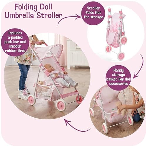Badger Basket Folding Doll Umbrella Stroller for Dolls Up to 18 Inches - Lightweight, Compact Doll Stroller with Safety Belt, Pink and White Design thumbnail 4