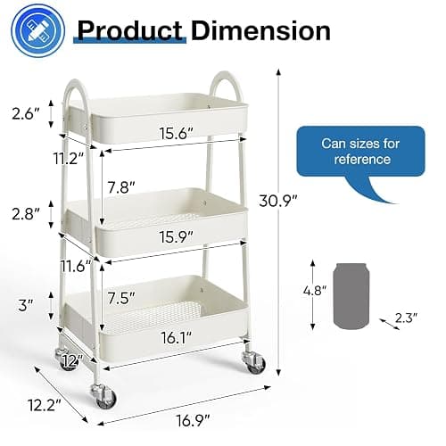 OLIXIS Metal 3 Tiers Utility Rolling Cart, Mobile Storage Shelf with Lockable Caster Wheels, Organization for Livingroom, Bathroom & Narrow Places, White thumbnail 3