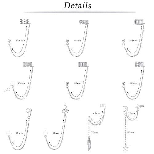 ADRAMATA 10 Stücke Ohr Manschette Ohrringe Kette für Damen Schlange Feder Ohr Manschette Kreuz Mond Stern Ohr Bergsteiger Helix Knorpel Crawler Ohrringe Quaste Gold Silver Ear Cuff Earrings für Damen thumbnail 2