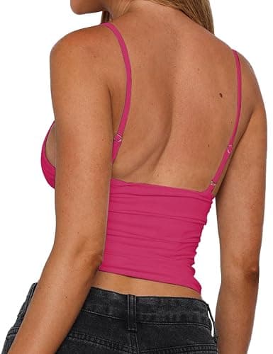 YFANG Women's Sexy Deep V-Neck Ruched Crop Tank Top Slim Fit Spaghetti Straps Crop Top thumbnail 2