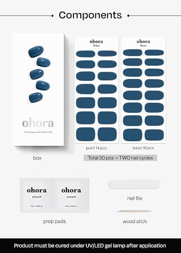 ohora Semi Cured Gel Nail Strips (N Cream Indigo) - Blue, Solid, Works with Any UV/LED Lamps, Salon-Quality, Long Lasting, Easy to Apply & Remove - Includes 2 Prep Pads, Nail File & Wooden Stick thumbnail 6