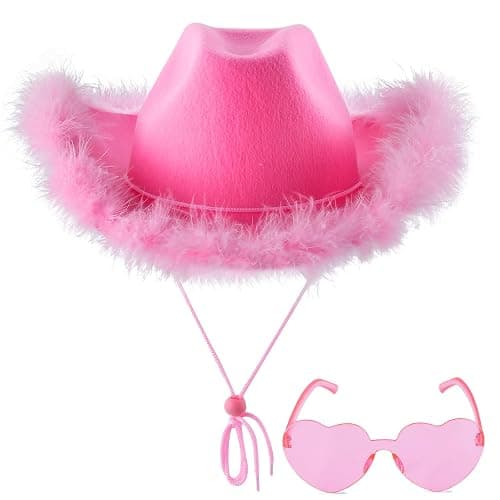 ZEBSF Feathers Cowboy Cowgirl Hat with Heart Sunglasses - Cowboy Hats for Women Bachelorette Birthday Disco Party - Image 1