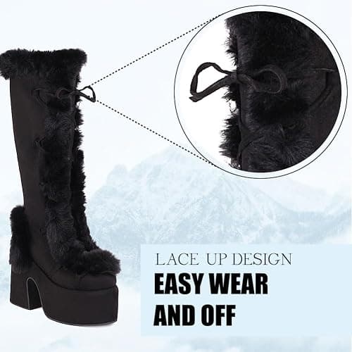CELNEPHO Knee High Boots For Womens Side Zipper Warm Faux Fur Platform Chunky Heel Punk Goth Walking Winter Snow Boots thumbnail 7