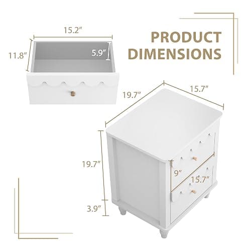 White Nightstand Side End Table with 2 Drawers, Modern Wood Night Stand with Petal Pattern for Bedroom, Scalloped Bedside Night Tables with Solid Wood Legs thumbnail 2
