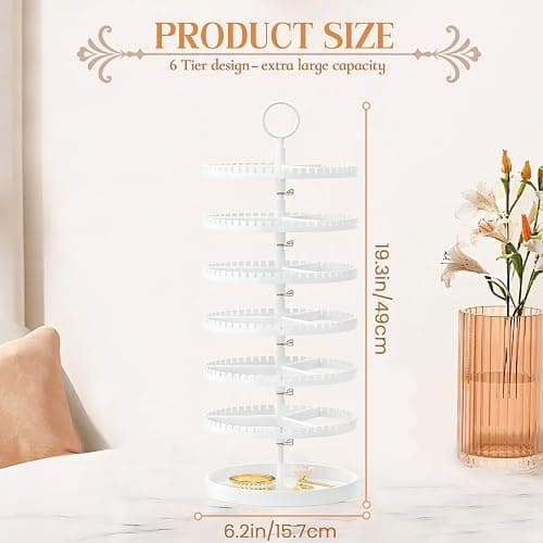 iDavosic.ly 6 Tier Rotating Earring Holder Organizer with Metal Tray, Adjustable Plastic Dangle Display Stands Tree with 342 Grooves, Large Hoop Storage Rack Tower, White thumbnail 3