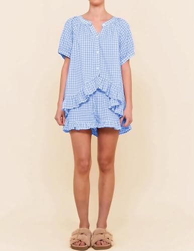 APRTEAK Womens 2 Piece Gingham Pajama Set Plaid Outfits Cute Ruffle Pajamas Checkered Cotton Pjs Short Sleeve Matching Set thumbnail 4