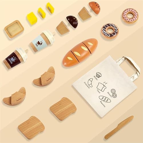 PairPear Wooden Bakery Toy Food Playset,Kids Pretend Play Food Kitchen Accessories with Shopping Bag,Toddlers Cutting Food Gift for Boys and Girls 3 Years and Up thumbnail 5