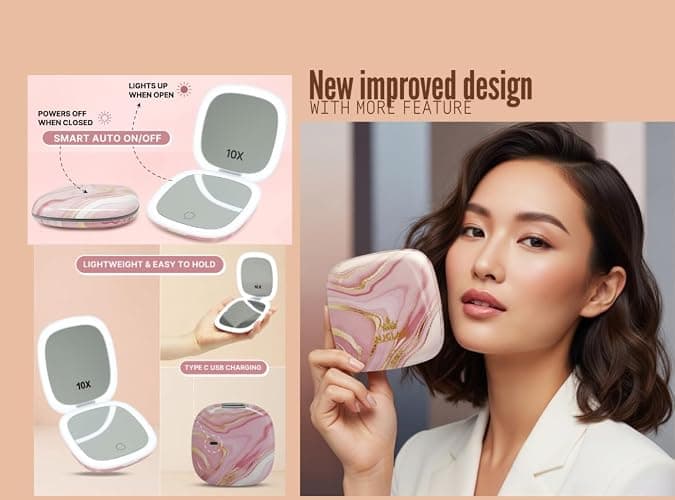 NJ GLAM Lighted Makeup Compact Mirror, 3.9 Inch – 1x/10x Magnification Portable, LED – Auto Light On/Off - USB Charging, (Blush Marble) thumbnail 8