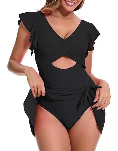 MFAVIP Women One Piece Swim Dress Tummy Control Swimsuits V Neck Ruffle Bathing Suit Cutout Sexy Wrap Side Tie with Skirt thumbnail 5