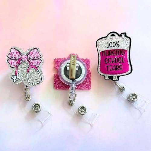 3PC Future Student Nurse Badge Reels Bundle Set Nursing School Reel Holder ID Card Name Tag Retractable Clip Pink Girly Nurses in Progress Tears Bow RN CNA MA IPN Medical Assistant Gifts Supplies thumbnail 6