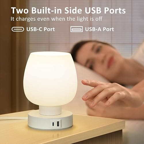 Touch Bedside Table Lamp - Small Lamp for Bedroom with USB C+A Charging Ports 3 Way Dimmable, Nightstand Desk lamp with White Opal Glass Lamp Shade Warm LED Bulb Included, Simple Design Gifts thumbnail 3