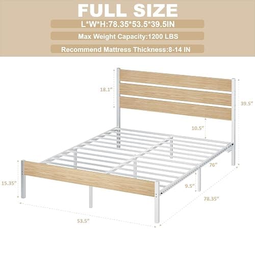 PUNICE Full Size Bed Frame with Charging Station, LED Light Metal Bed Frame with Wooden Headboard, No Box Spring Required, No Noise, Easy Assembly, White thumbnail 2