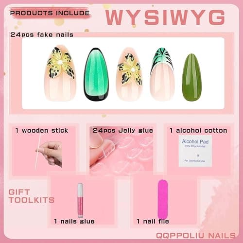 QQPPOLIU Press on Nails Almond Shape Fake Nails with Flower Design Full Cover Nails Medium Length Fall Nails for Holiday Gift thumbnail 2