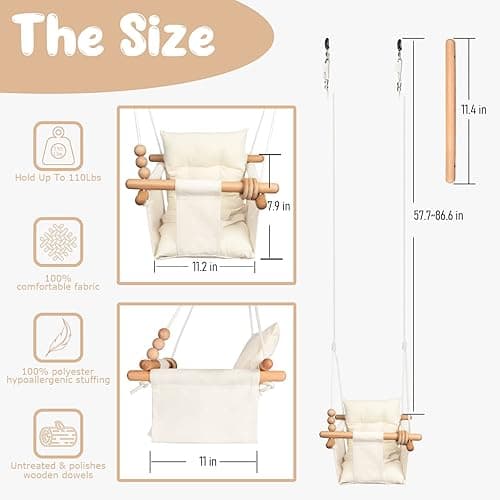 Tislly Baby Swing Outdoor Indoor for Infants, Toddler Swing Seat with Safety Belt, Canvas Hanging Swings Outside Tree Swing Great Gift for Baby Boys Girls Kids Lovers - White Checkered thumbnail 2