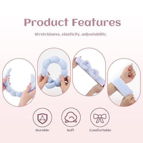 ATROCH Puffy Spa Headband & Wristband Set – Sponge Makeup & Skincare Headband for Washing Face, Cute Present for Teenage Girls, Teen Girl Gifts, and Self-Care Essentials for Women thumbnail 4