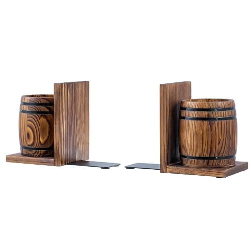 MyGift Wood Decorative Bookends with Pencil Holder, Office Desk Books Ends and Pen Holders as Vintage Wooden Barrels, Heavy Duty Bookends for Shelves, Rustic Burnt Brown Wine Barrel Design,1 Pair thumbnail 7