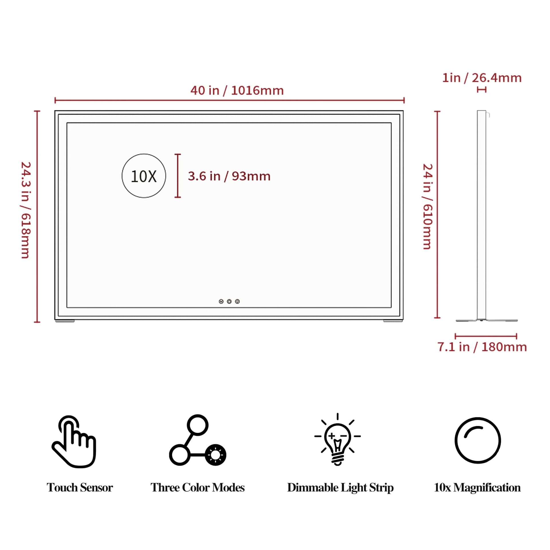 Vanity Mirror with Lights, Lighted Makeup Miror with Adjustable LED Light, Light up Mirror for Makeup Touch Control 3 Colors, 101.6 * 61.8cm, White thumbnail 3