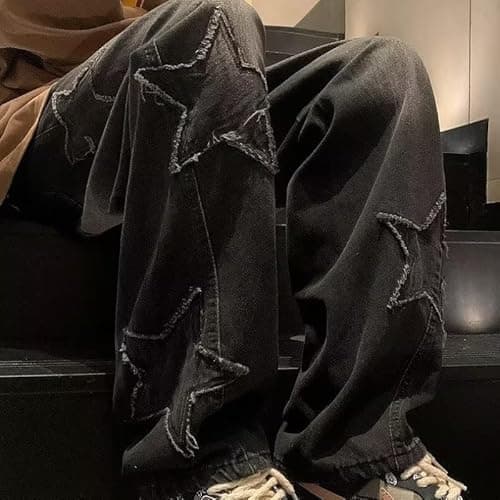 Grunge Baggy Jeans Y2K Emo Alt Cargo Pant Star Patchwork Fairycore Demin Cloting Jogger Hiphop Gothic Tripp Streetwear - Large - Black thumbnail 4