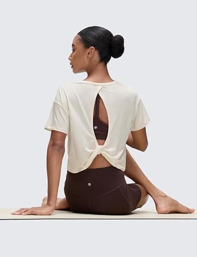 CRZ YOGA Open Back Short Sleeve Crop Top for Women Loose Athletic Yoga Workout Shirts Casual Cropped T-Shirts thumbnail 4