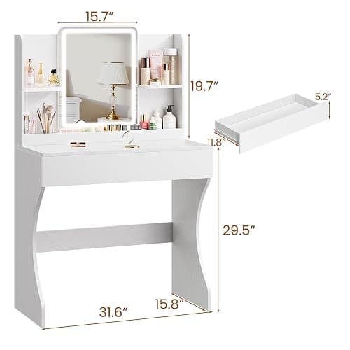 Vinabilia Small Vanity Desk with Mirror and Lights, Makeup Vanity with Storage Drawer, 2 Shelves and 3 Compartments - White thumbnail 2
