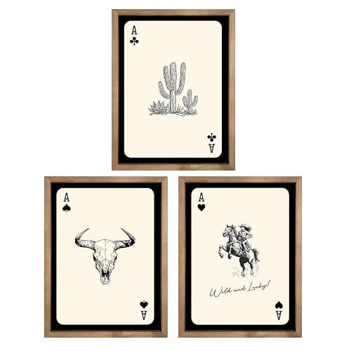 flangairy 3 Piece Western Wall Art Framed, 15.7×11.8 In Wooden Cowgirl Longhorn Bull Skull Cactus Wall Decor, Playing Card Themed Southwestern Rustic Farmhouse Decorations for Home Bedroom Living Room thumbnail 6