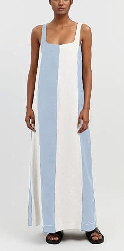 CHARTOU Women Summer Sleeveless Linen Dress Contrast Color Maxi Long Beach Vacation Tank Dress thumbnail 3