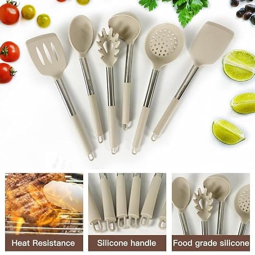 Kitchen Utensils Set-Silicone Cooking Utensils-33pcs Non-Stick Silicone Cooking Kitchen Utensils Spatula Set with Holder-Best Kitchen Cookware with Stainless Steel Handle (Khaki) thumbnail 7