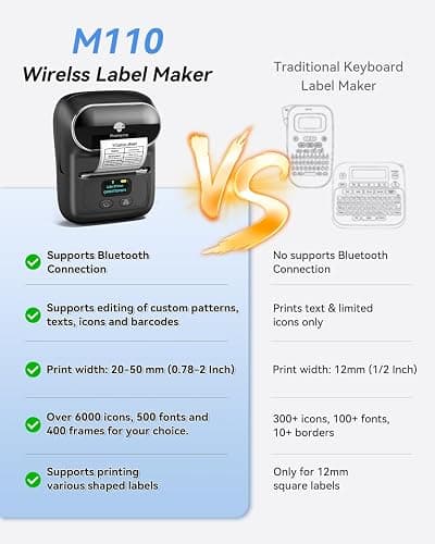 Phomemo M110 cordless Label Makers - Barcode Label Printer Bluetooth Label Maker Portable Thermal Printer for Small Business, Address, Barcode, Logo, Clothing, Sticker Printers for Phone & PC, Black thumbnail 6