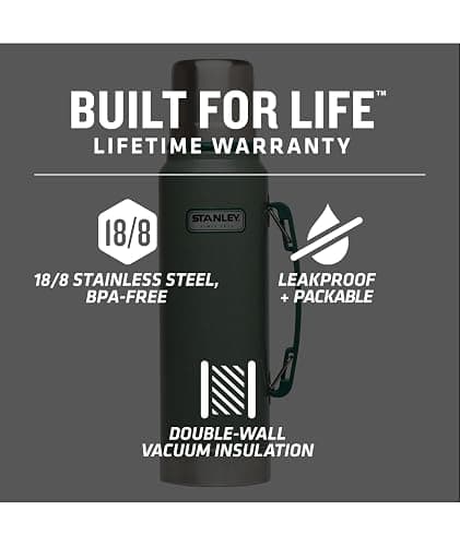 Stanley Heritage Classic Vacuum Bottle with Handle 1.1 qt | Wide Mouth w/Leakproof Cup Lid | Keep Drinks Hot or Cold | Insulated Stainless Steel Thermal Bottle | BPA-Free | Hammertone Green thumbnail 4
