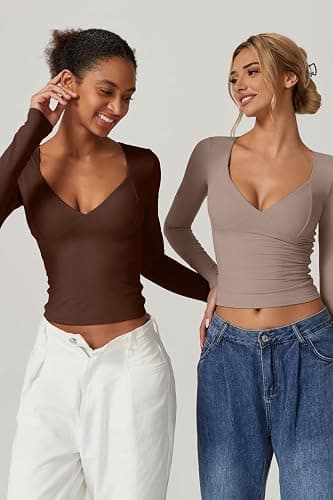 QINSEN Women's Long Sleeve V Neck T Shirts Double Lined Crop Top Seamed Cup Going Out Tops thumbnail 5