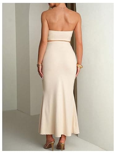 SweatyRocks Women's Maternity 2 Piece Sets Off Shoulder Outfits Photoshoot | Pregnancy Formal Outfits, Crop Tube Top Fishtail Maxi Skirt Outfits, Cocktail Music Festival Outfits thumbnail 3