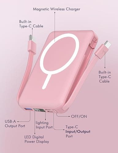podoru for Magsafe Battery Pack, 10000mAh Magnetic Power Bank Built-in Double USB C Cables 20W PD Fast Charging LED Display Wireless Portable Charger for iPhone 17/16/15/14/13/12 Series-Pink thumbnail 3