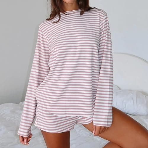 Meihuida Women Striped Pajama Set Y2k Lounge Outfit Long Sleeve Top with Matching Shorts 2 Piece Pjs thumbnail 6
