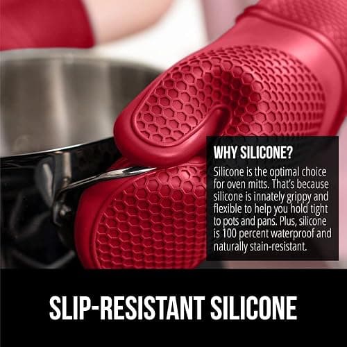 GORILLA GRIP Heat Resistant Silicone Oven Mitts Set, Soft Quilted Lining, Extra Long, Waterproof Flexible Gloves for Cooking and BBQ, Kitchen Mitt Potholders, Easy Clean, Set of 2, Red thumbnail 4