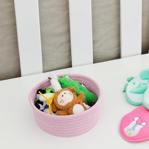Small Storage Basket, Set of 3 Woven Baskets, Cotton Rope Small Baskets for Organizing, Cute Mini Tiny Round Basket, Bathroom Organization Bin (Pink) thumbnail 2