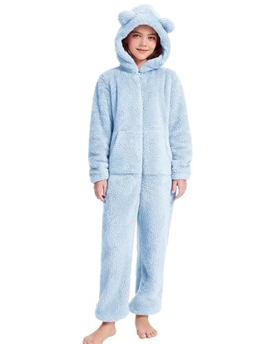 COZYPOIN Unisex Kids Fleece Jumpsuits Girls Fuzzy Hooded Rompers Zip Up One Piece Costume Warm Cute Clothes for 5-14 Y thumbnail 2