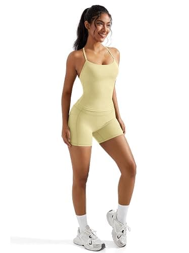 OMKAGI 2 Piece Workout Sets for Women Padded Sports Bra Tank Booty Gym Shorts with Pockets thumbnail 3